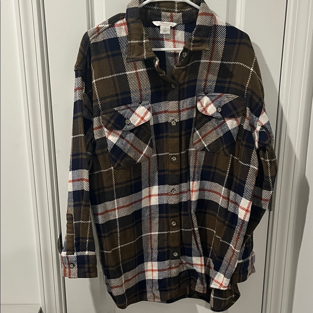 Natural Reflections Plaid Button Down Shirt - Blue, Brown, White